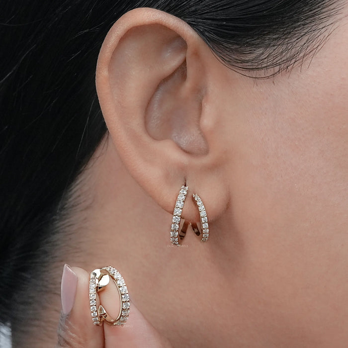 Round Lab Diamond C Double Row Hoop Earrings