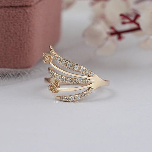 front view of round-cut lab-grown diamond angel wing ring gold