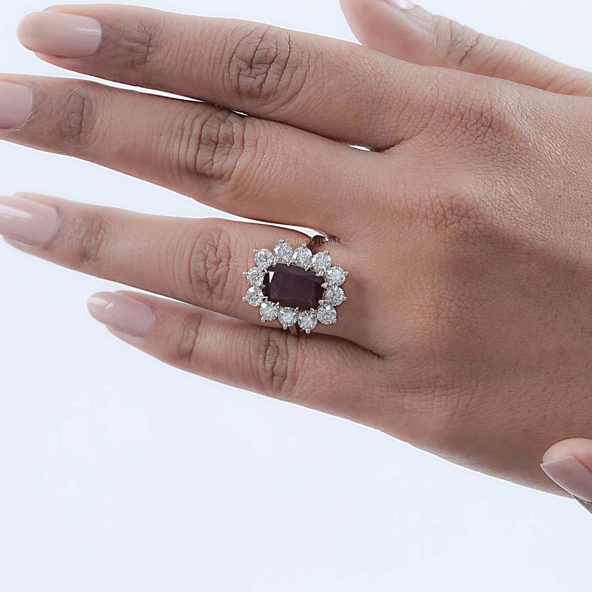 Ruby Elongated Cushion Gemstone Halo Diamond Ring