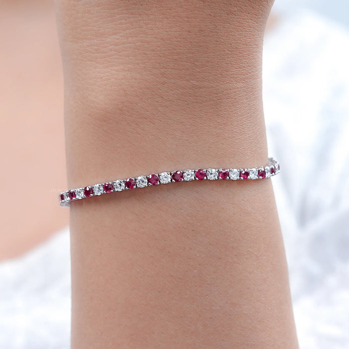 Ruby Round Gemstone And Lab Diamond Tennis Bracelet