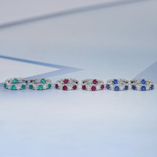 Multi Gemstone And Round Diamond In-Out Hoop Earrings