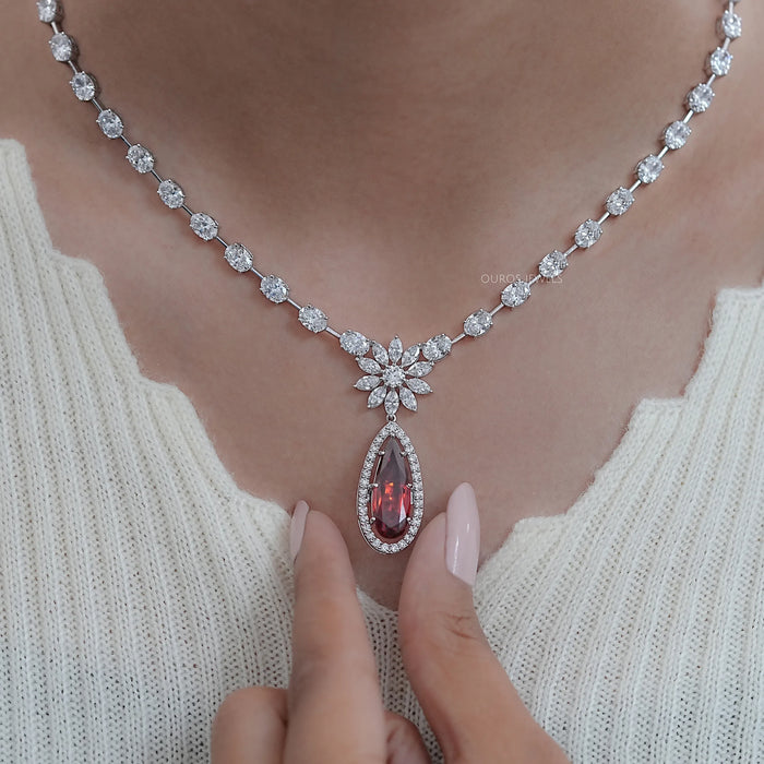 Pear Ruby & Oval Lab Diamond Bridal Necklace With Diamond Accents 