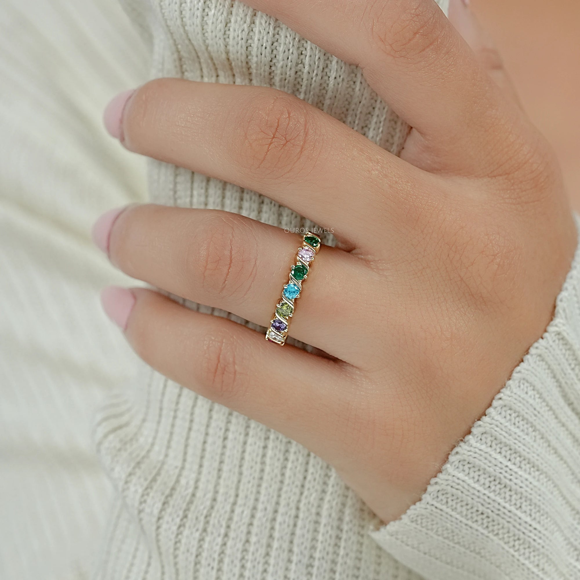 Rainbow Multi-colored Six Stone Band 