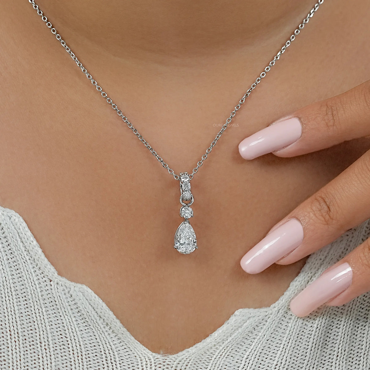 Pear And Round Lab Diamond Drop Pendant Necklaces