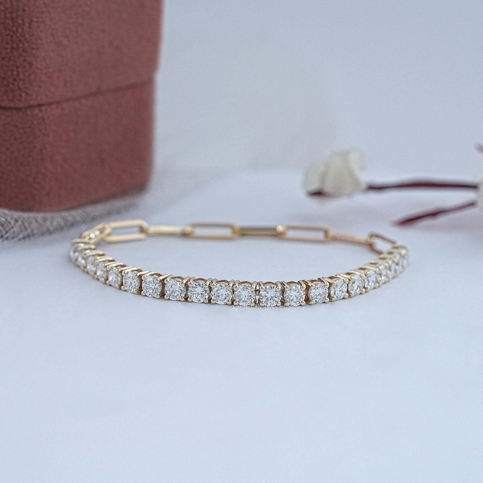 Lab Grown Round Shape Women Bracelet With Paper Clip Chain Bracelet