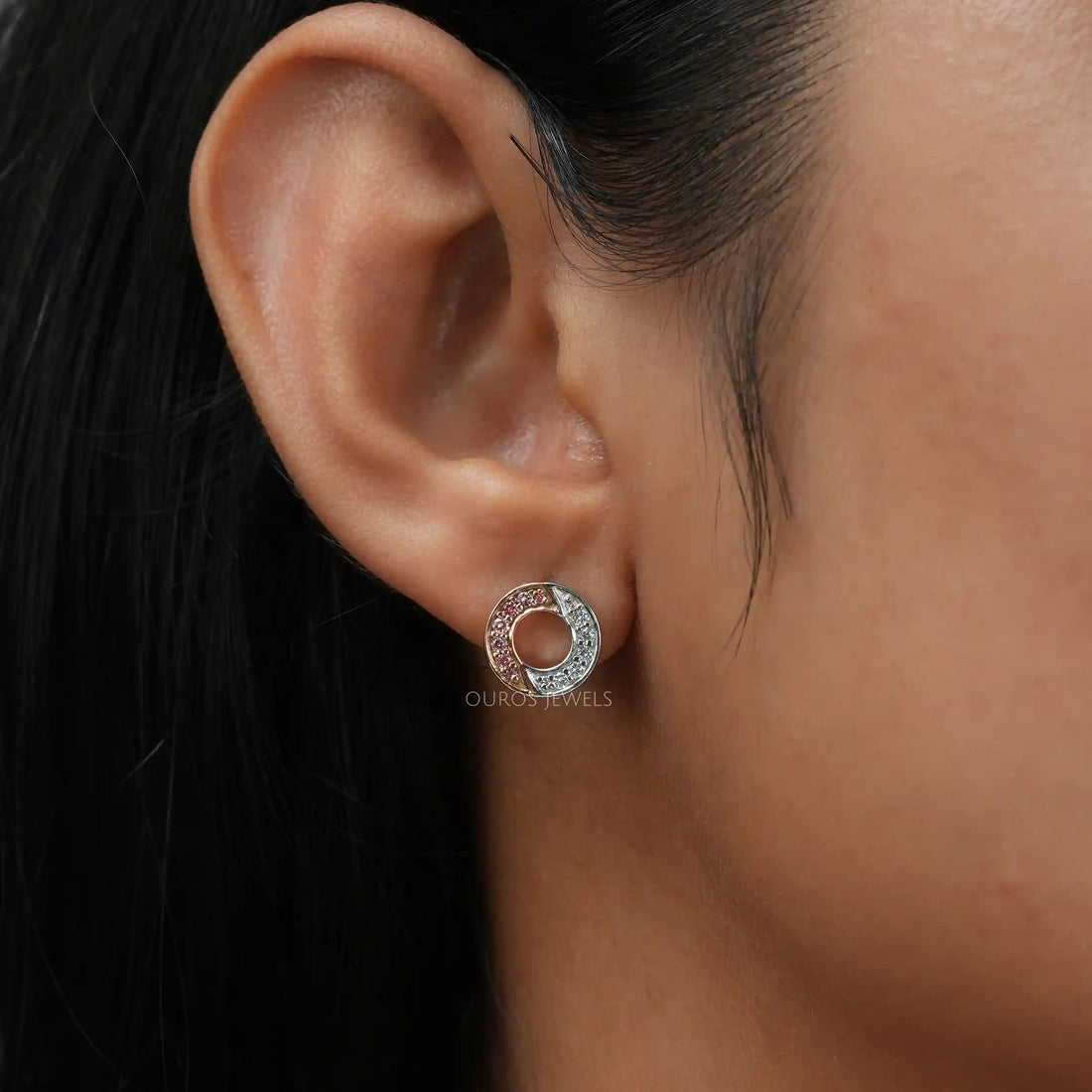 Round Cut Lab Grown Diamond Two Tone Circle Earrings