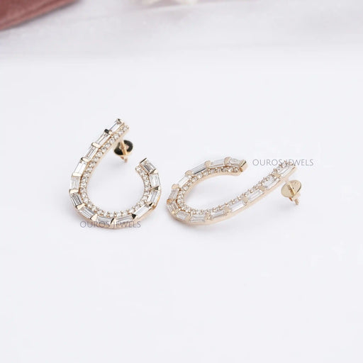 [Baguette and Round Diamond Yellow Gold Earrings]-[Ouros Jewels]