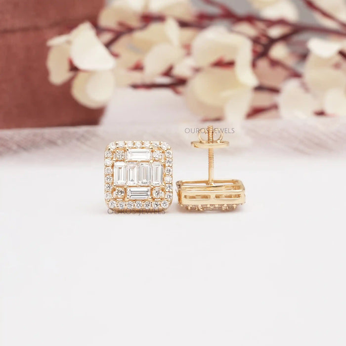[Round and Baguette Cut Earrings]-[Ouros Jewels]