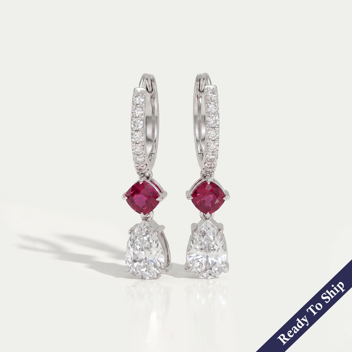 Old Mine Pear Diamond And Ruby Cushion Drop Hoop Earrings Earrings