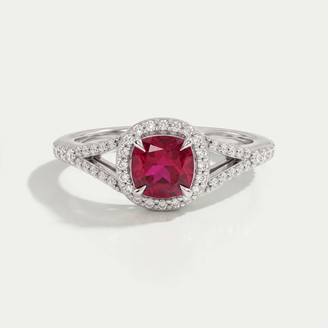 Cushion Cut Red Ruby Split Shank Halo Engagement Ring Ring
