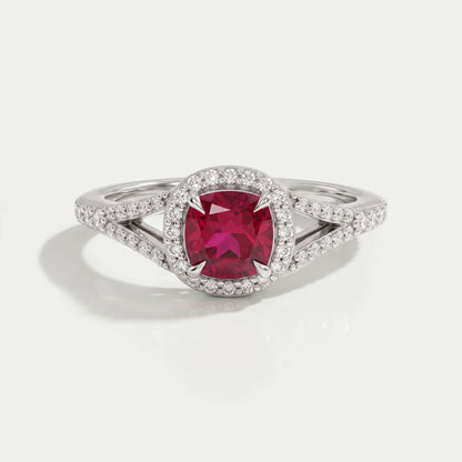 Cushion Cut Red Ruby Split Shank Halo Engagement Ring Ring