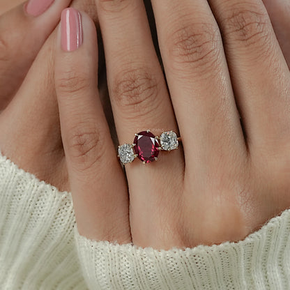 Three Stone Ruby Oval Gemstone Engagement Ring Ring