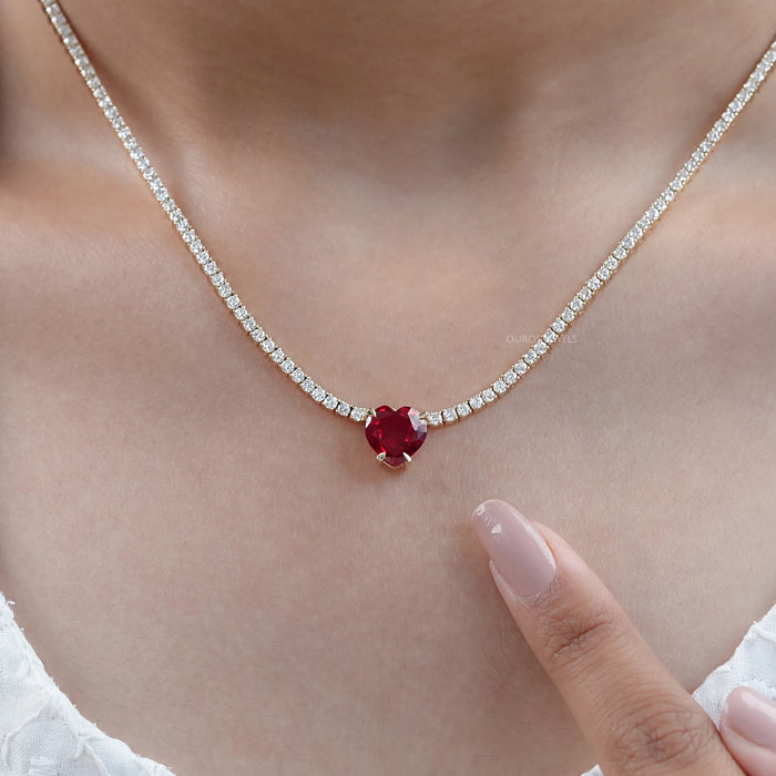 Heart Cut Ruby Gemstone And Round Lab Diamond Tennis Necklace 