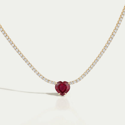 Ruby Heart And Round Diamond Tennis Necklace Necklaces