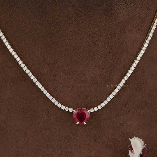 Heart Cut Ruby Gemstone And Round Lab Diamond Tennis Necklace 