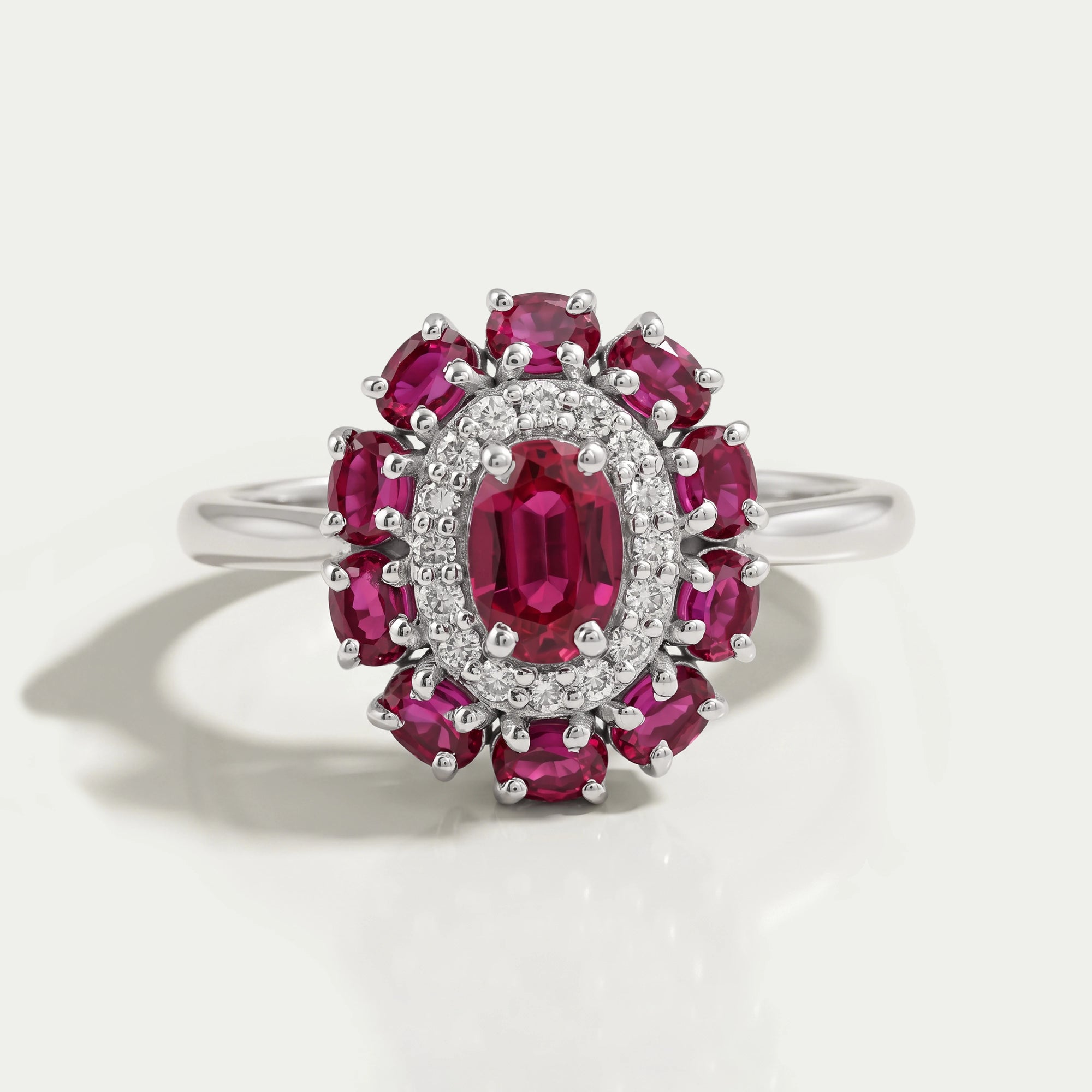 Round and Red Oval Diamond Double Halo Engagement Ring Ring