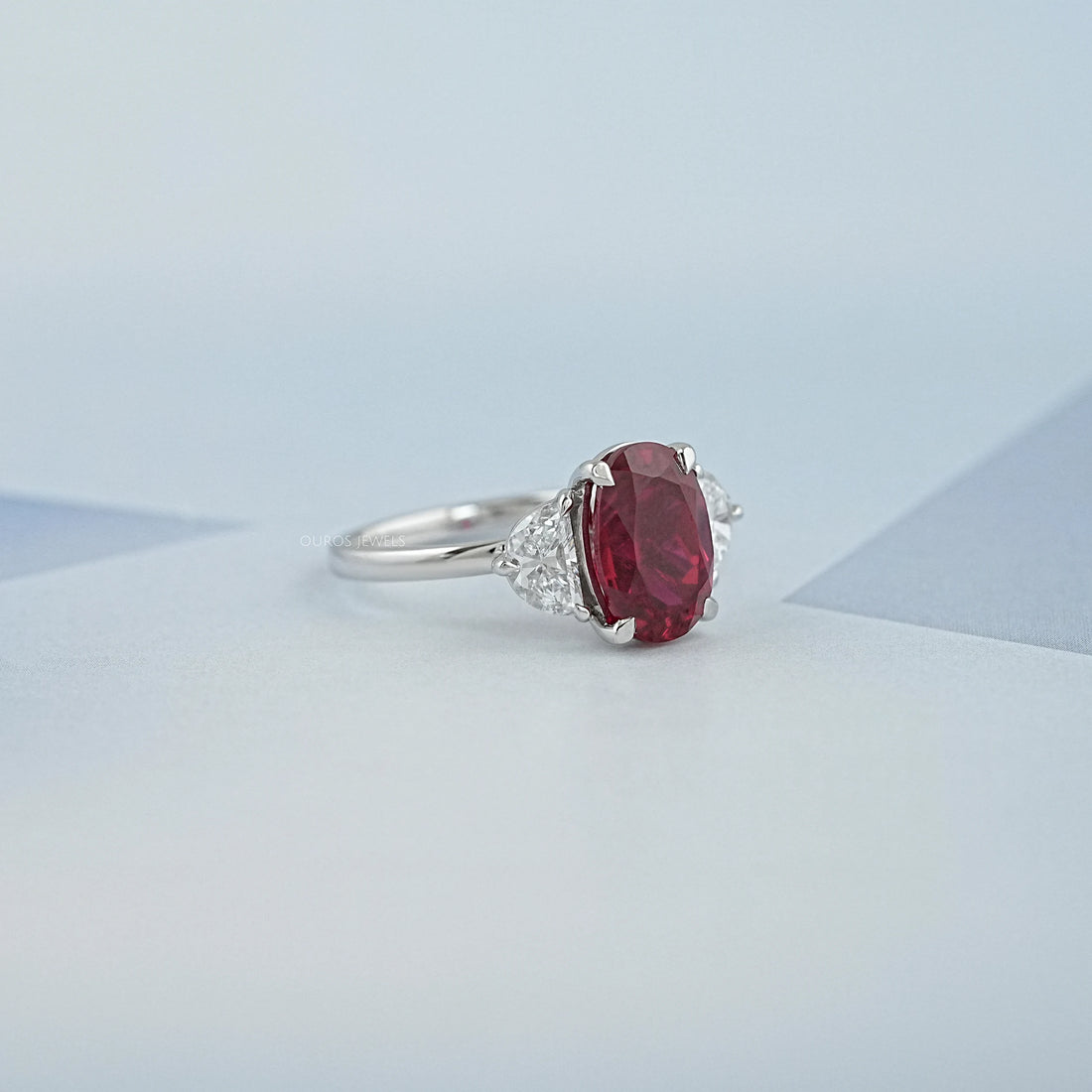Ruby And Half Moon Diamond Three Stone Ring Ring