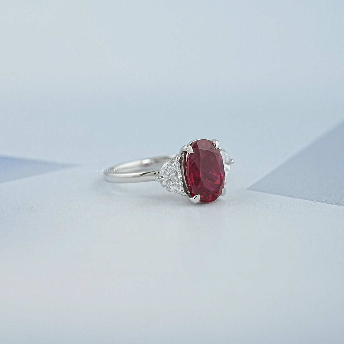 Ruby And Half Moon Diamond Three Stone Ring Ring