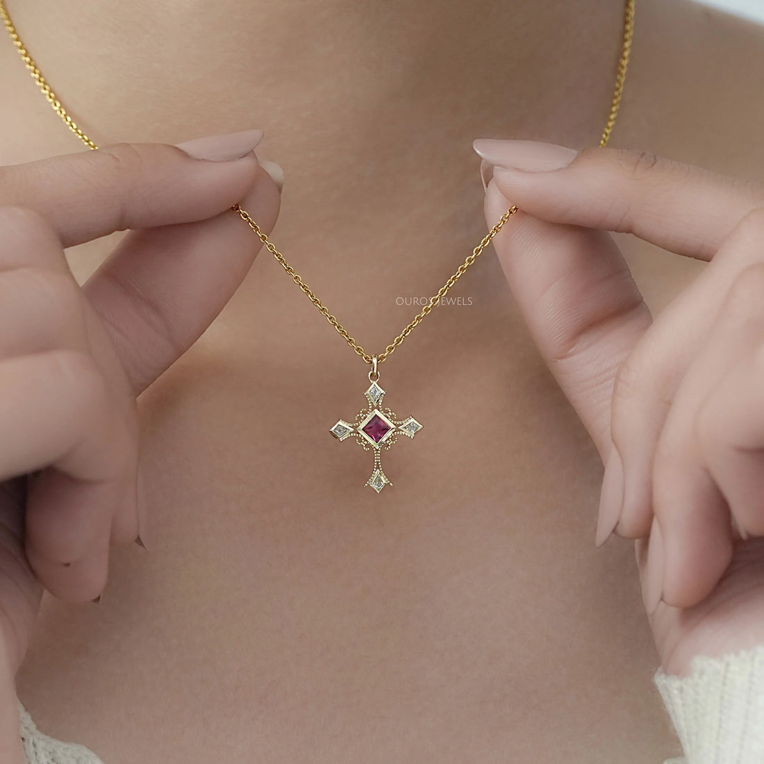 Ruby Princess Gemstone Criss Cross Pendant Necklaces