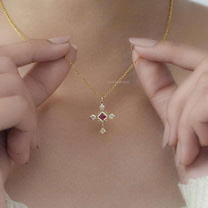 Ruby Princess Gemstone Criss Cross Pendant Necklaces