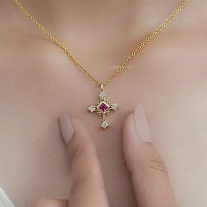 Ruby Princess Gemstone Criss Cross Pendant Necklaces