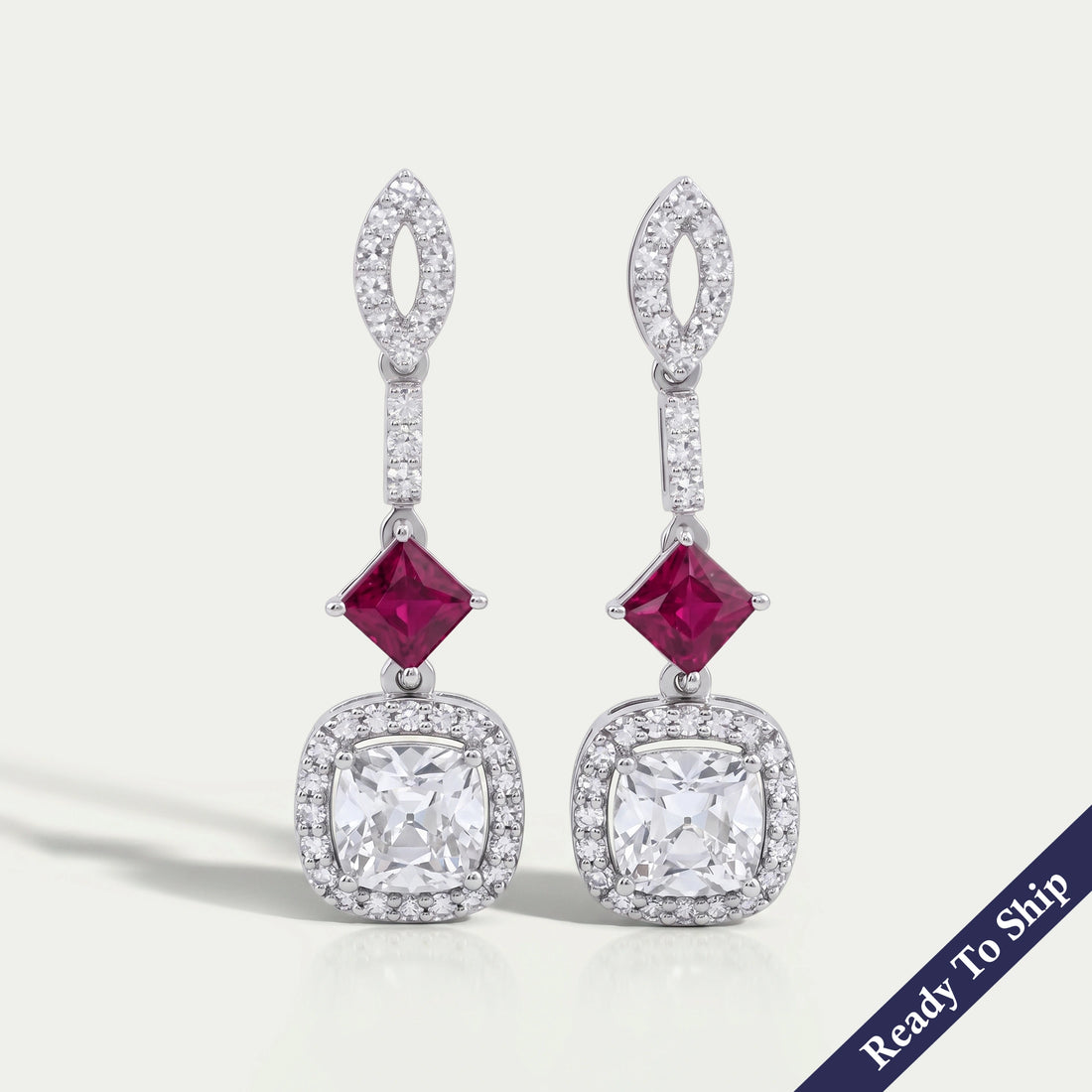 Ruby Princess Old Mine Cushion Cut Halo Dangle Earrings Earrings