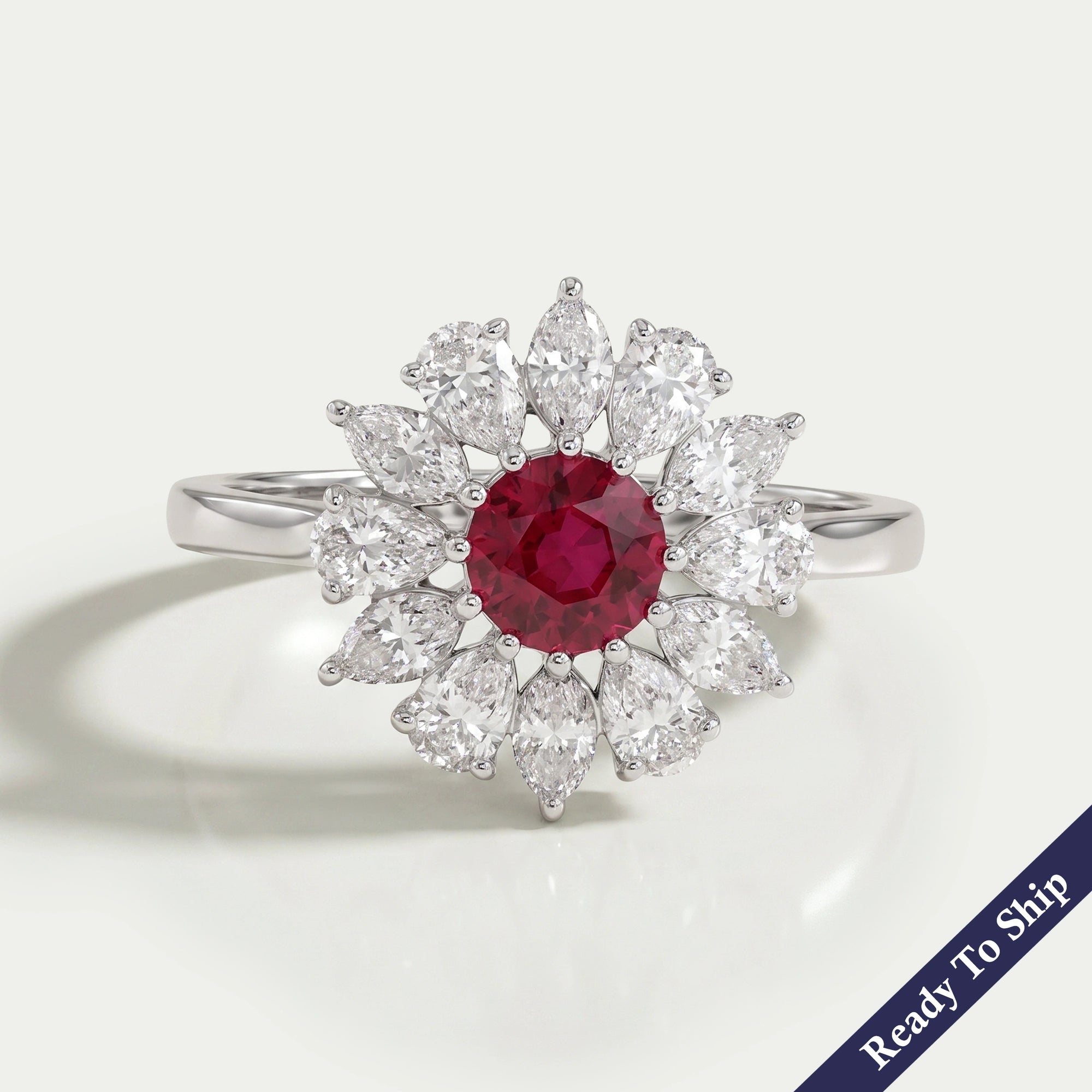 Ruby Round And Lab Diamond Floral Halo Engagement Ring