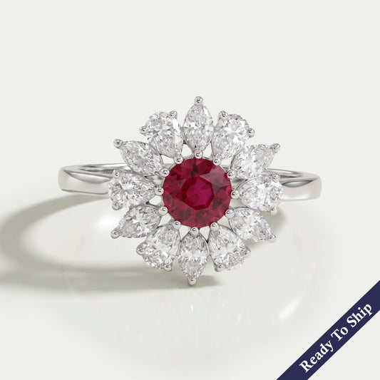 Ruby Round And Lab Diamond Floral Halo Engagement Ring