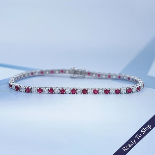 Ruby Round Gemstone And Lab Diamond Tennis Bracelet
