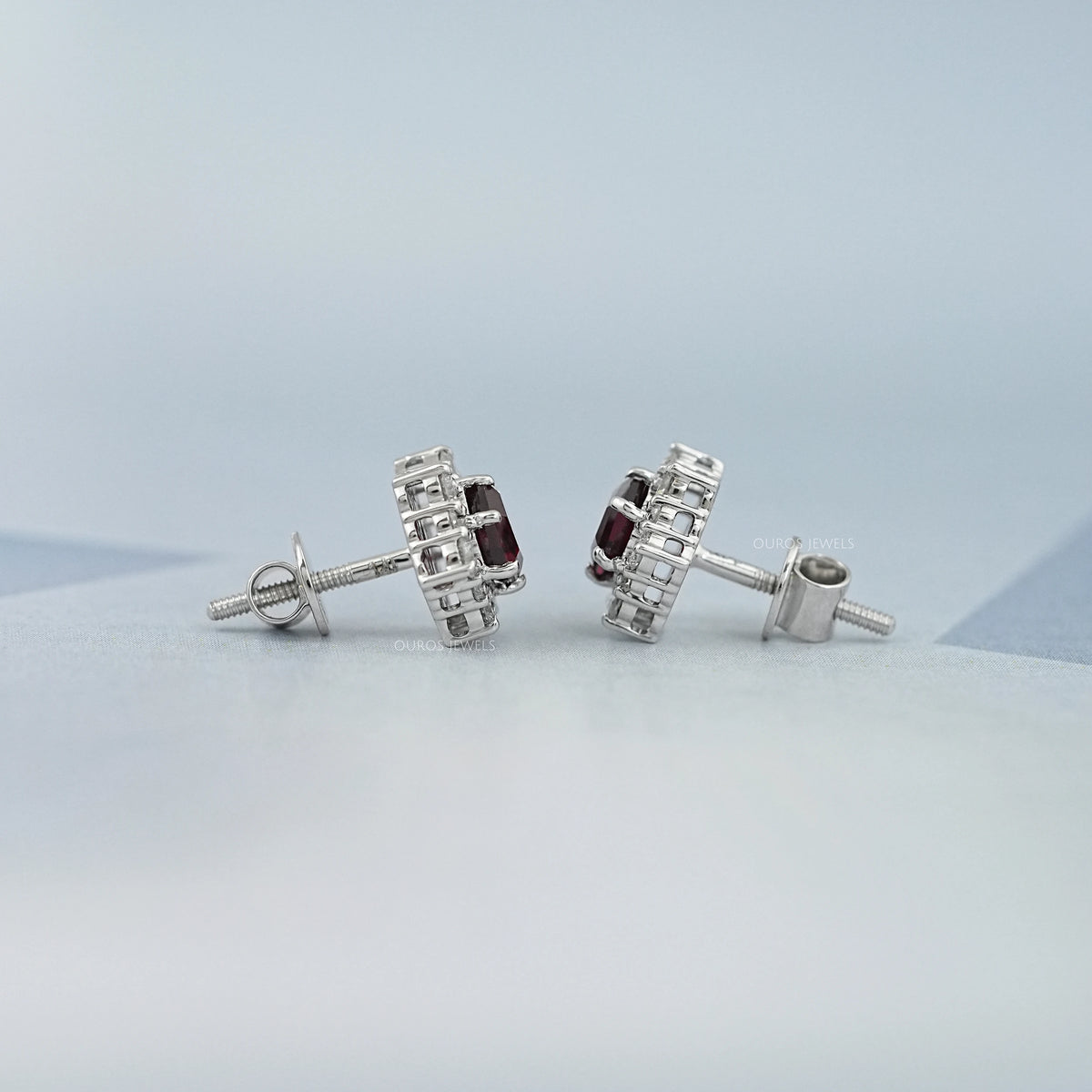 Floral Hexagon Cut Red Ruby Gemstone Cluster Stud Earrings Earring