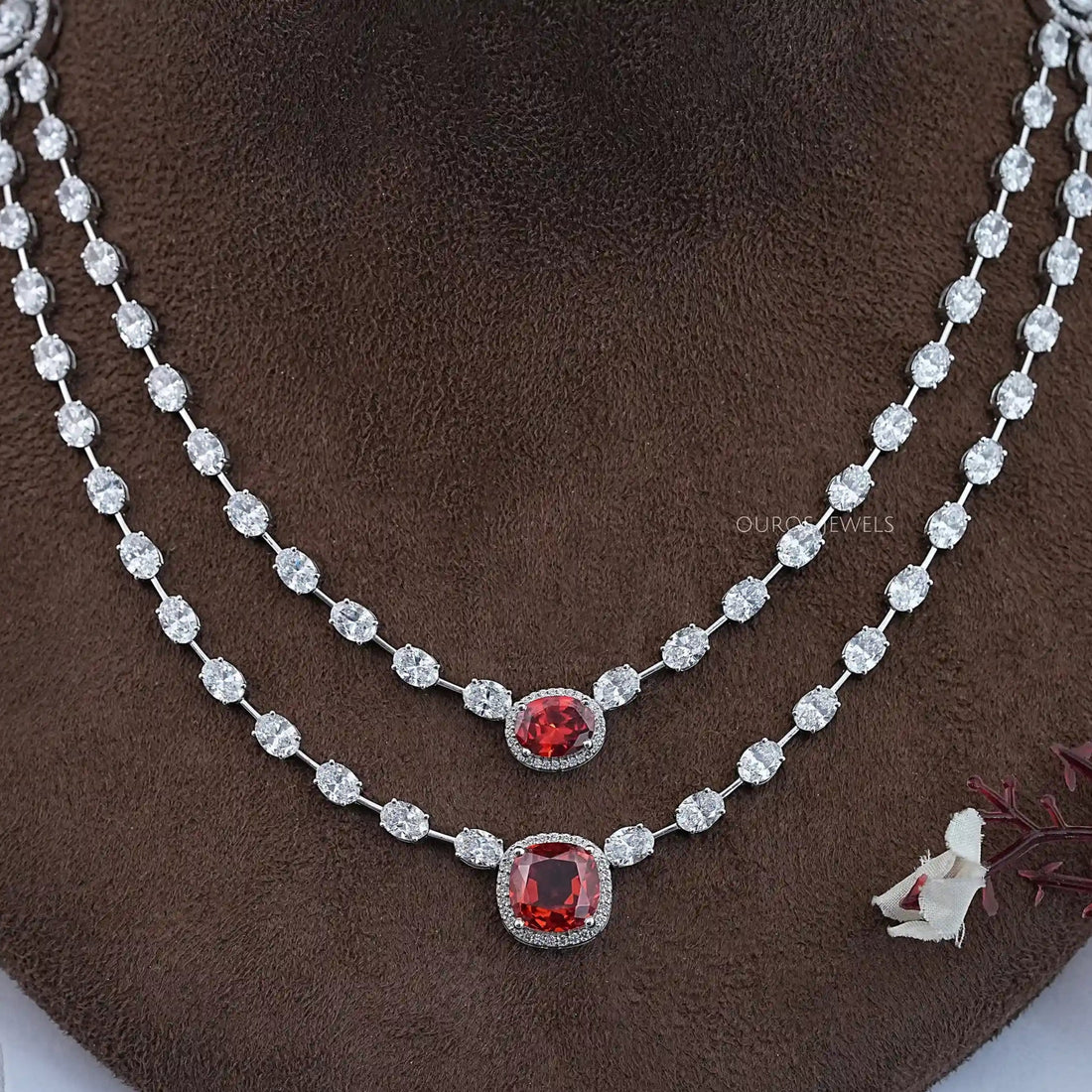 Double Layer Ruby Cushion And Oval Halo Tennis Necklace Necklaces