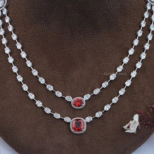Double Layer Bridal Necklace with Cushion Cut Ruby and Lab Diamond Halo