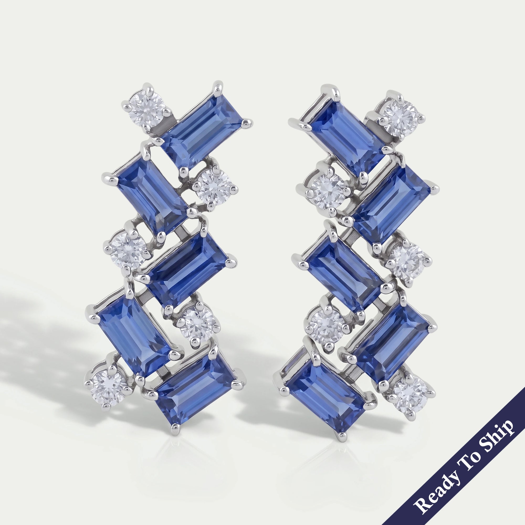 Sapphire Baguette And Round Diamond Drop Earrings
