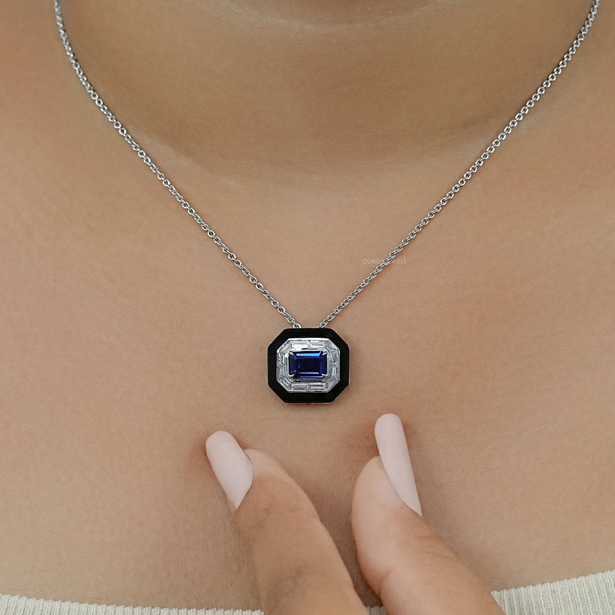 Enamel And Sapphire Gemstone Halo Pendant Necklaces