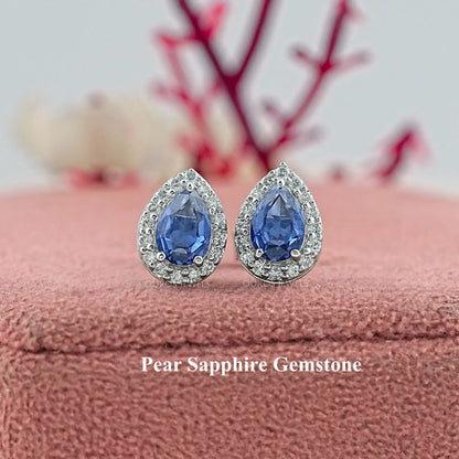 Pear Gemstone And Lab Diamond Halo Stud Earrings Sapphire Gemstone Earrings