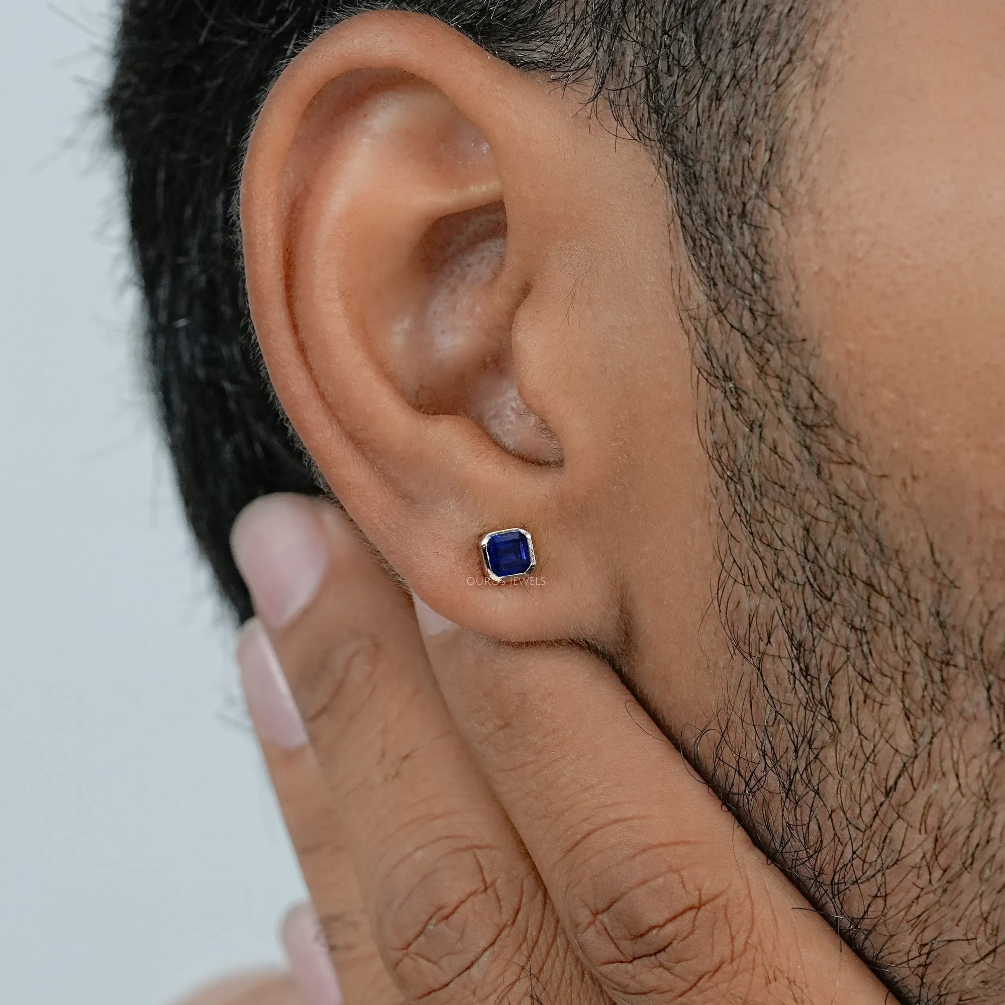 Sapphire Asscher Gemstone Bezel Men's Stud