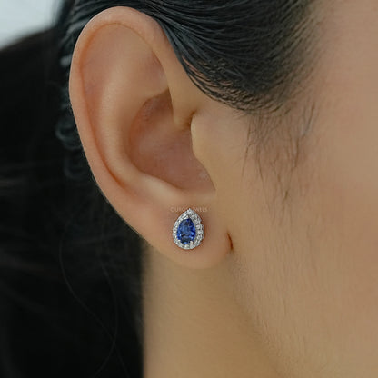 Pear Gemstone And Lab Diamond Halo Stud Earrings Earrings