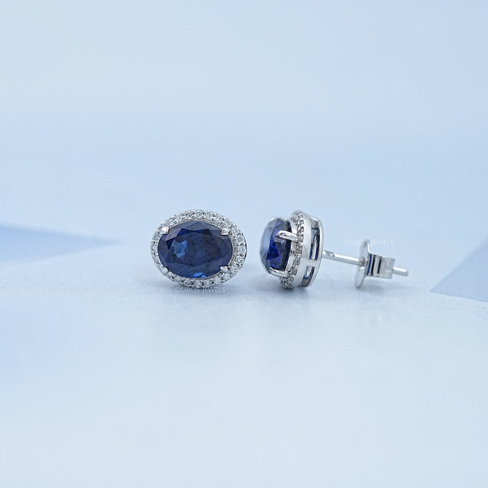 Blue Oval Sapphire Gemstone With Lab Diamond Halo Earring 