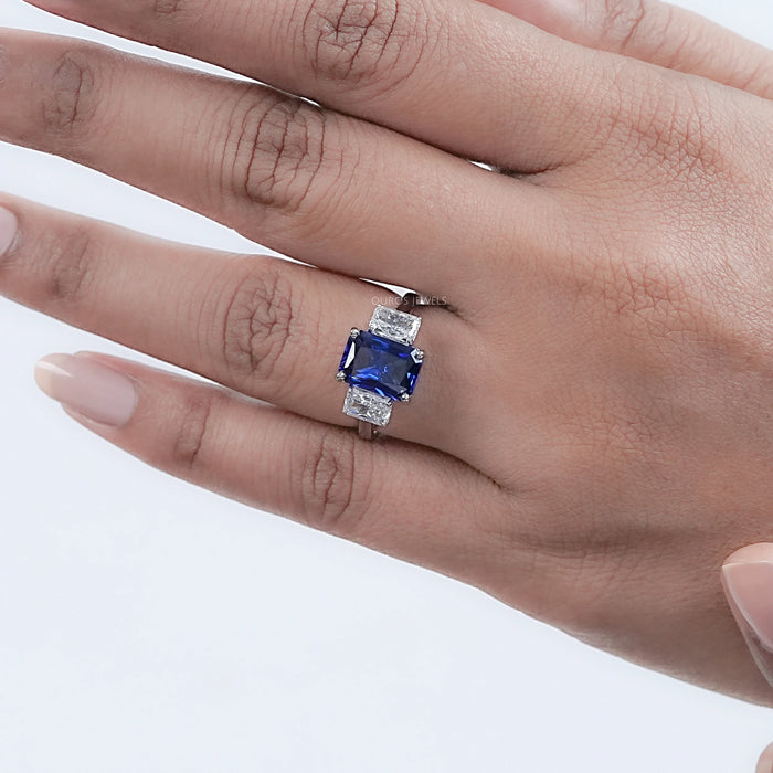 Sapphire Radiant And Lab Diamond Three Stone Ring