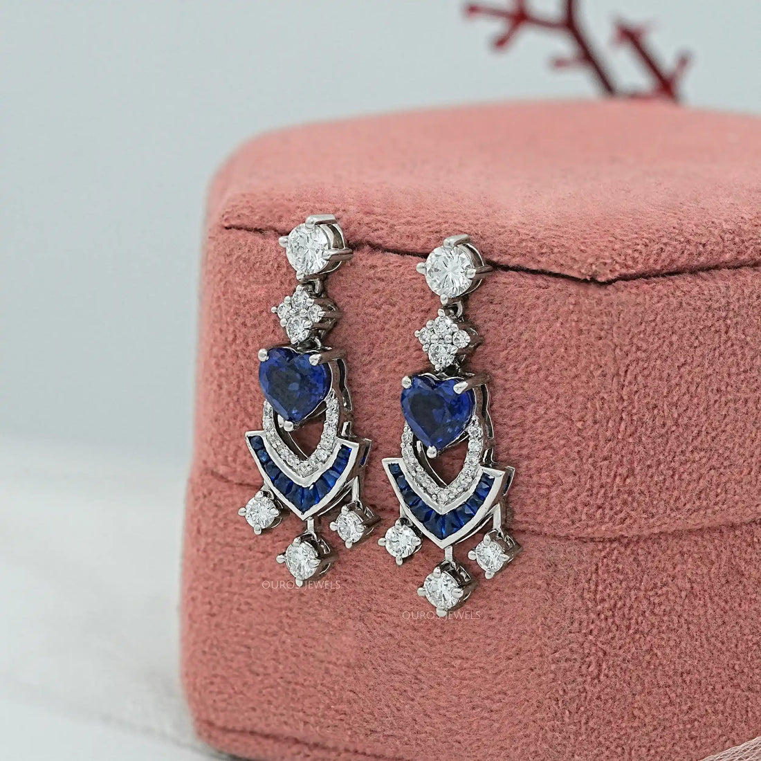 Sapphire Heart And Round Cut Cluster Drop Dangle Earrings Earrings