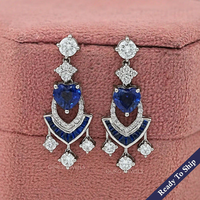 Sapphire Heart And Round Cut Cluster Drop Dangle Earrings