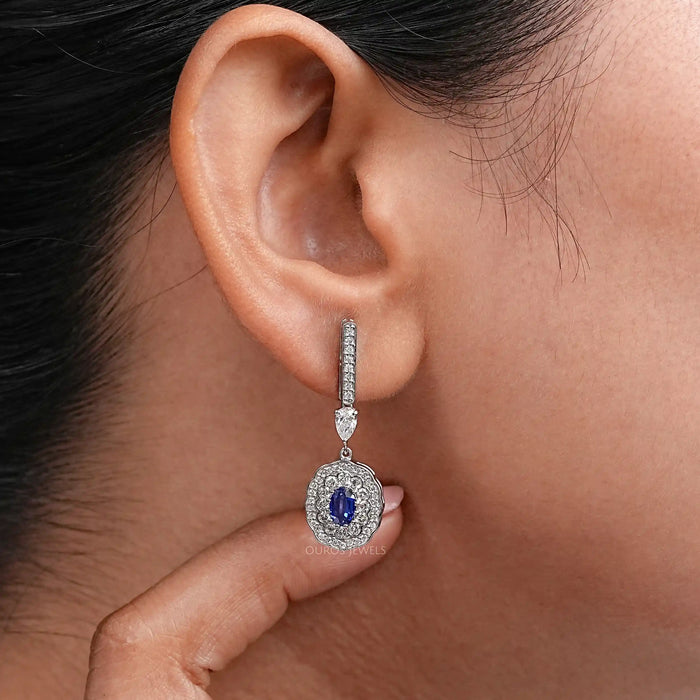 Oval Sapphire and Diamond Double Halo Earrings