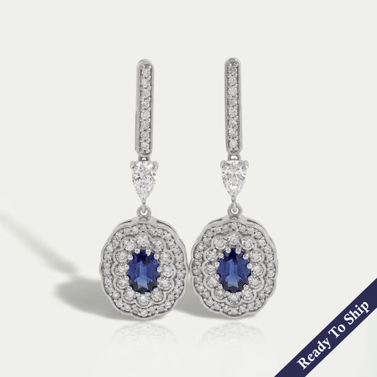 Sapphire Oval Gemstone And Double Halo Drop Earrings Earrings