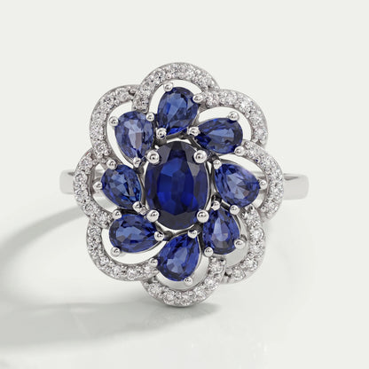 Blue Sapphire and Diamond Floral Halo Ring