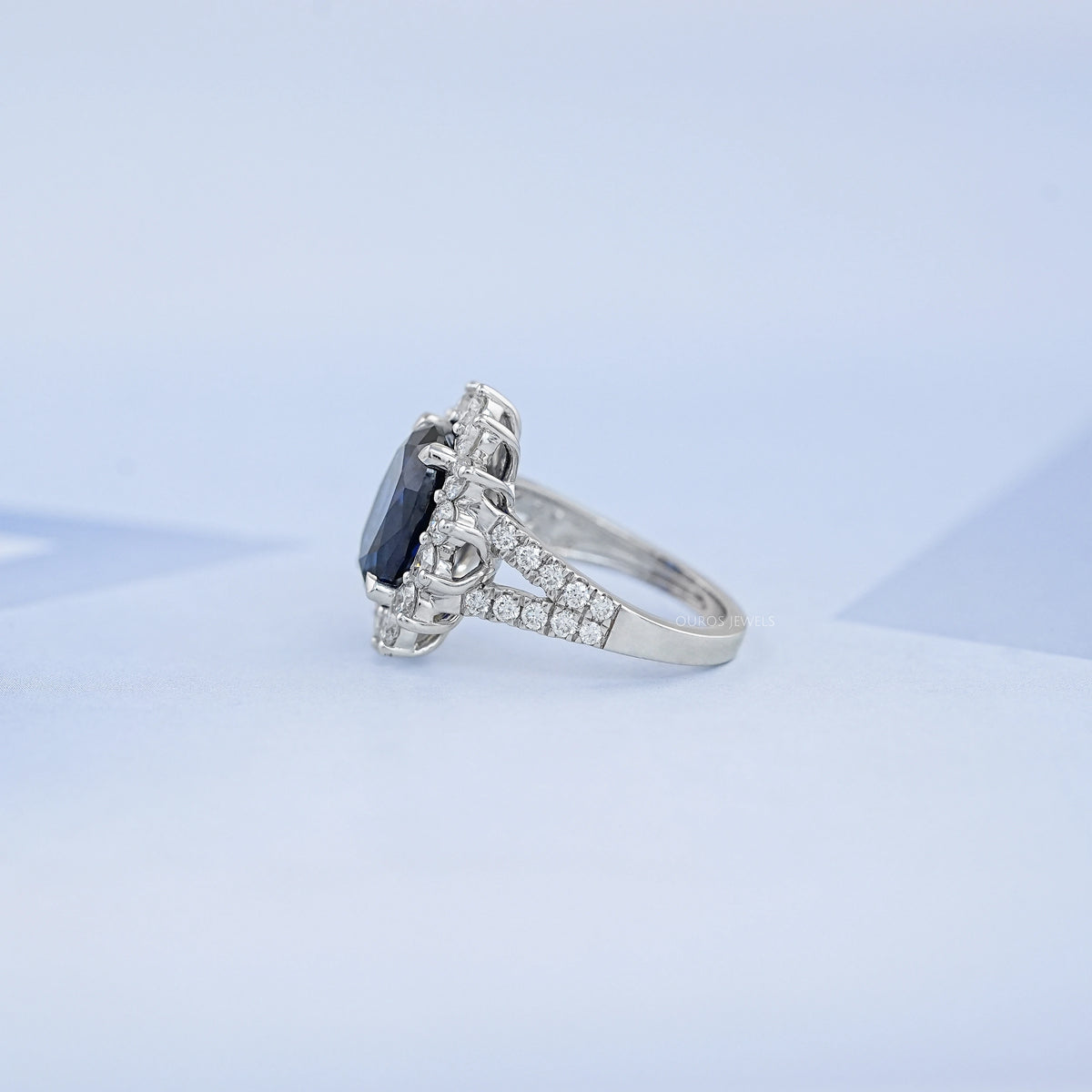 Sapphire Oval Gemstone Halo Split Shank Engagement Ring Rings