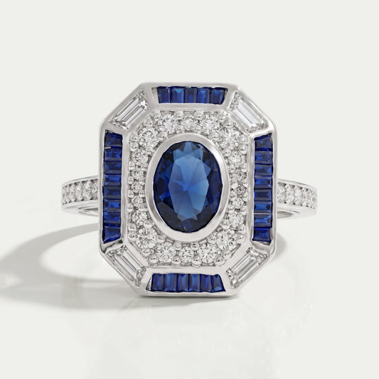 Blue Oval And Baguette Cut GemStone Engagement Ring