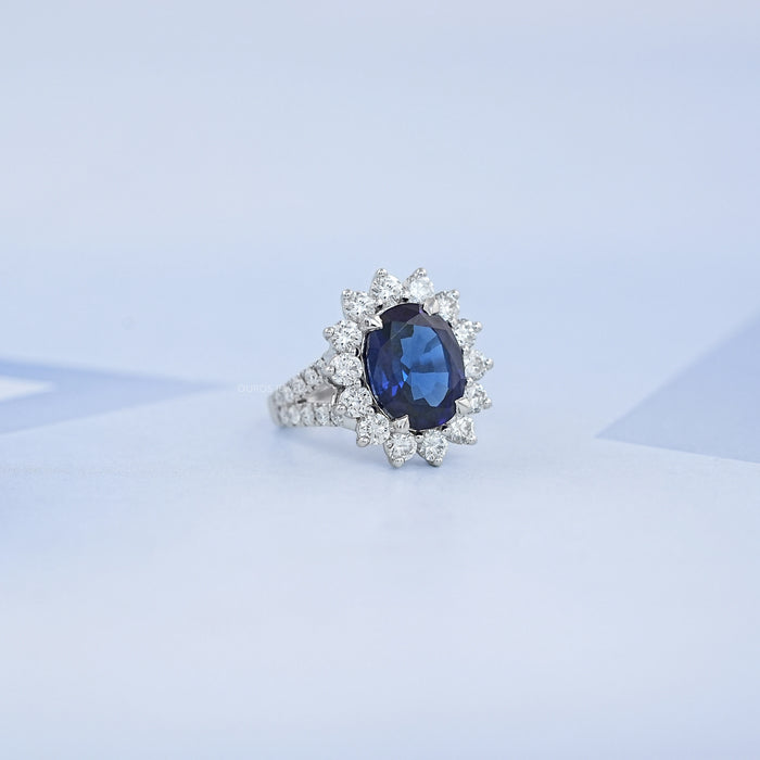 Princess Diana Inspired Split Shank Oval Sapphire Halo Ring 