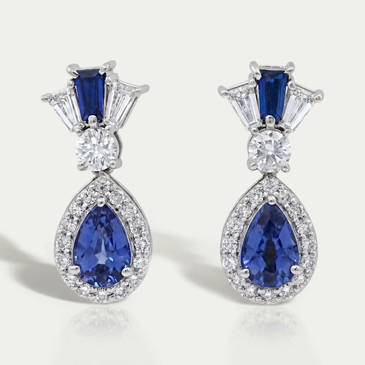 Pear Blue Gemstone And Tapered Baguette Halo Drop Earrings Earrings