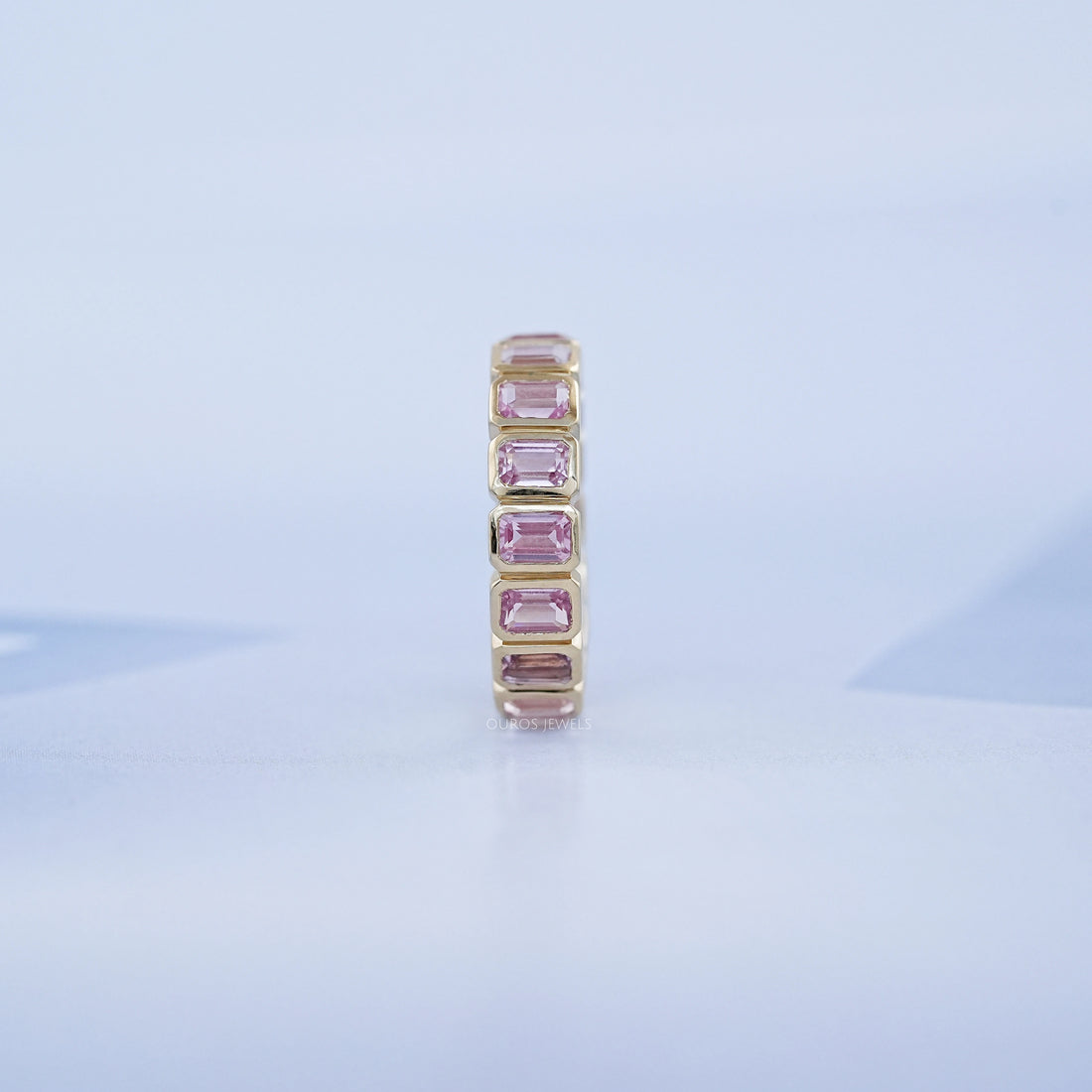 Sapphire Pink Emerald Cut Bezel Set Eternity Wedding Band Rings