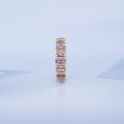 Sapphire Pink Emerald Cut Bezel Set Eternity Wedding Band Rings